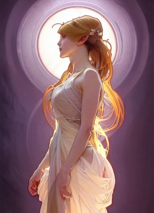 Image similar to digital character concept art by artgerm and greg rutkowski and alphonse mucha. clear portrait of a modern young wife blessed by god to uncontrollably grow overwhelmingly perfect!! blonde, worksafe! feminine well - formed holy body!! light effect. hyper detailed, glowing lights!! intricate, elegant, digital painting, artstation, smooth, sharp focus