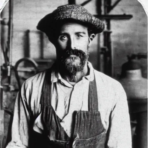 Image similar to vintage black and white photograph of jeff bezzos as a factory worker, film grain, 1 9 0 0