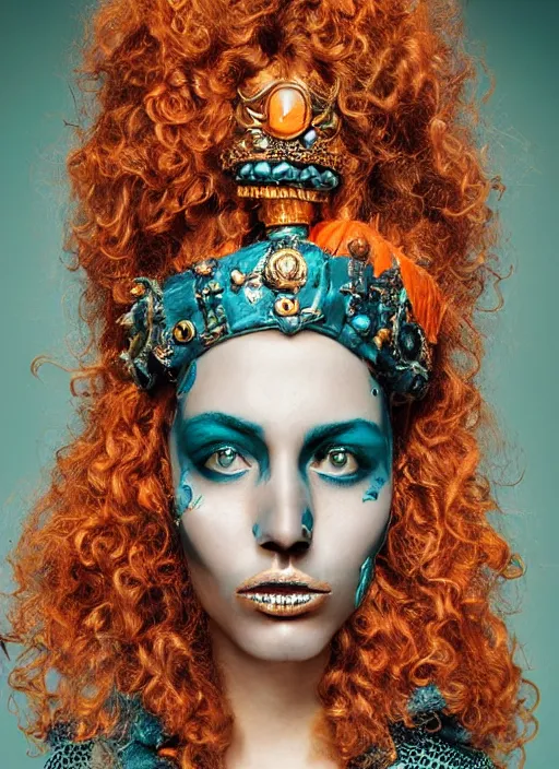 Prompt: bust portrait of girl sitting on bones throne, persian empire costume, blonde, curly hair, clean face, provocative make up, symmetrical face, smooth skin, jewelry,, ecstasy, cute, fashion editorial photography, realistic, hyper detailed, hyper detailed face, from vogue magazine, ultra realistic, reflections, color scheme teal and orange