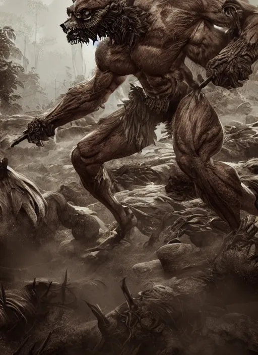 Image similar to a muscular werewolf fighting an endless army of skeletons, ultra - detailed fantasy, realistic, dnd, behance hd, artstation, ray tracing hdr render in unreal engine 5