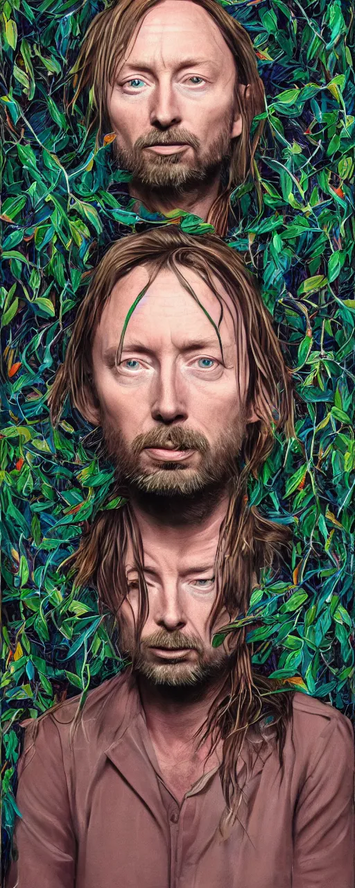 Image similar to disco diffusion portrait of Thom Yorke, hiding in the bushes looking shifty