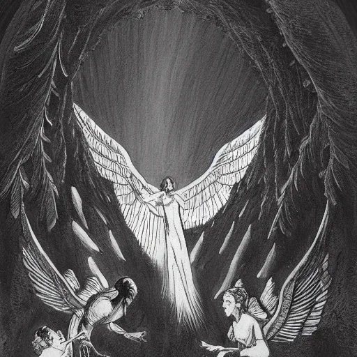 Prompt: A beautiful illustration of a winged creature, possibly an angel, flying high above a group of people in a dark, wooded area. The creature's wings are spread wide and its head is turned upwards, as if it is looking towards the sky. The people below are looking up at the creature with a mixture of awe and fear. by Keith Parkinson, by Carl Larsson evocative