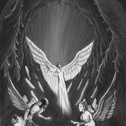 Image similar to A beautiful illustration of a winged creature, possibly an angel, flying high above a group of people in a dark, wooded area. The creature's wings are spread wide and its head is turned upwards, as if it is looking towards the sky. The people below are looking up at the creature with a mixture of awe and fear. by Keith Parkinson, by Carl Larsson evocative