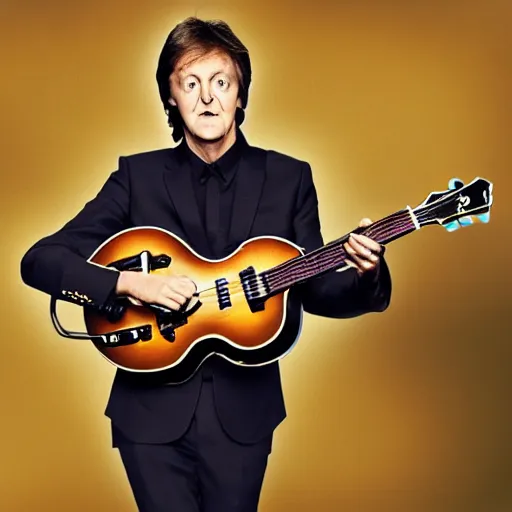 Image similar to Paul McCartney playing a Beetle guitar, 8k, high definition, highly detailed, photo-realistic