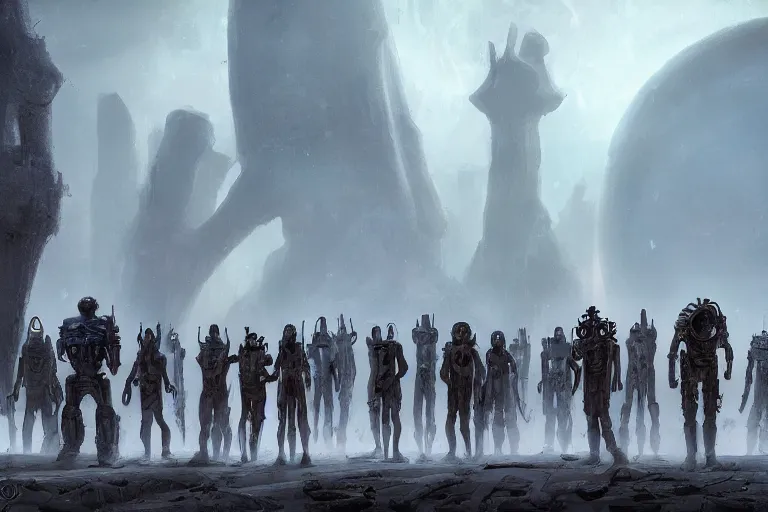 Prompt: ancient alien portral, a crowd of androids walking in a straight line along a path towards a portal, pilgrimage, in mad max style, stargate, coriolios rpg art style, full of details, dark sci - fi, cold blue colors, matte painting, artstation, 8 k, hyperrealistic, style of peter mohrbacher