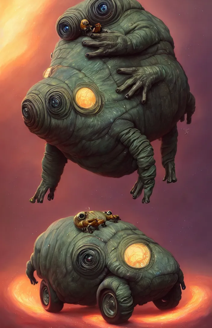 Image similar to a portrait of a tardigrade standing with the tardigrademobile by karol bak, james jean, tom bagshaw, rococo, sharp focus, trending on artstation, cinematic lighting, hyper realism, octane render, 8 k, hyper detailed, vivid, ultra detailed, highly detailed