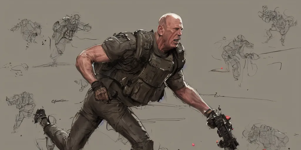 Image similar to cartoonish bruce willis running, by geert goilis, vivid colors, character sheet, fine details, concept design, contrast, kim jung gi, greg rutkowski, trending on artstation, 8 k, full body, turnaround, front view, back view, ultra wide angle