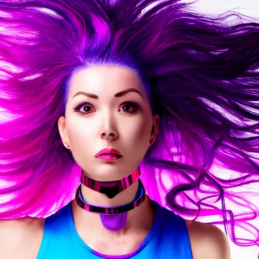 Image similar to a award winning action upper body portrait of a beautiful woman with a ombre purple pink hairstyle with head in motion and hair flying, choker, outrun, vaporware, vivid colors, highly detailed, fine detail, intricate