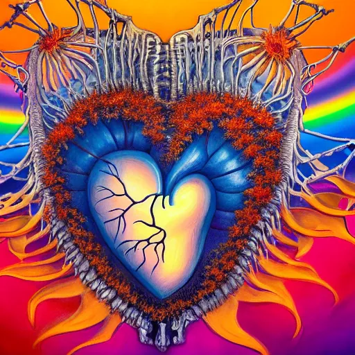 Image similar to a beautiful matte painting by Larisa Novik of an anatomically correct heart bursting out of an anatomically correct skeletal rib-cage and exploding into rainbows and sunflowers, trending on artstation hq