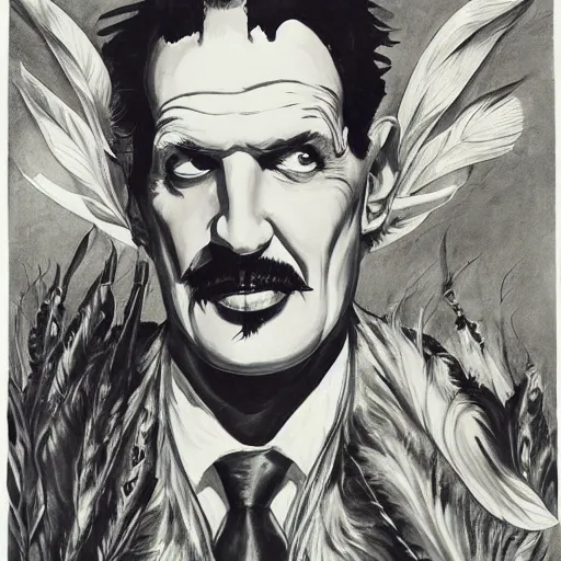 Image similar to vincent price as billionaire howard hughes in long black feathered cloak, black hands tipped with black claws, feathers growing out of skin, at opulent desk, vivid, mike mignogna, illustration, highly detailed, rough paper, dark, oil painting