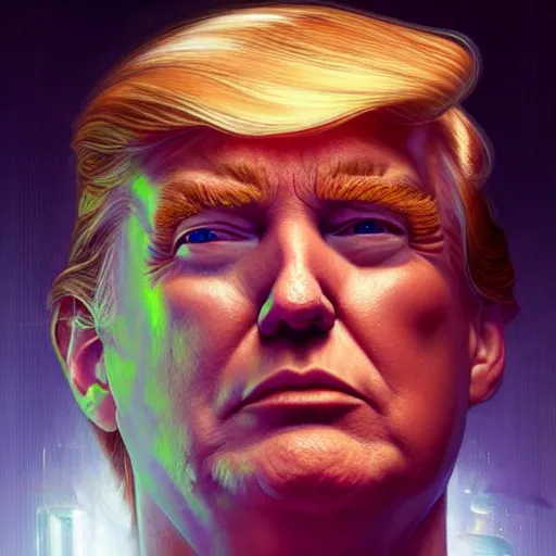 Image similar to cyborg Donald Trump from another dimension, cinematic lighting, intricate, elegant, highly detailed, digital painting, artstation, sharp focus, illustration, art by artgerm and greg rutkowski and alphonse mucha and Wayne Barlowe and william-adolphe bouguereau