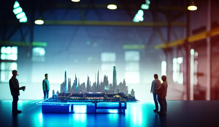 Image similar to group of people in simple warehouse, looking at hologram of futuristic city on a table, cinematic concept art, godrays, golden hour, natural sunlight, 4 k, clear details, tabletop model buildings, center model buildings, hologram center, crane shot, crane shot, crane shot