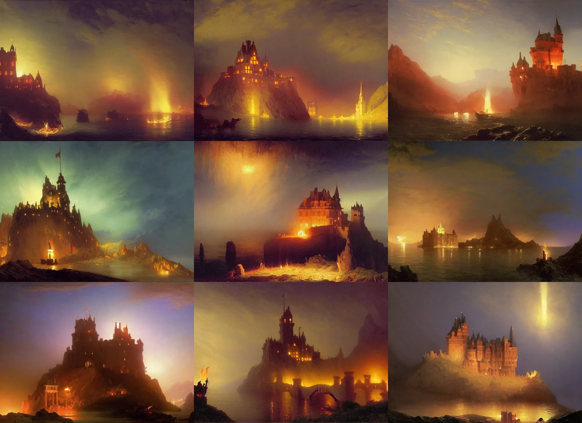 Prompt: a castle at night being lit up by the fire of a dragon, Ivan Aivazovsky, Christopher Balaskas, Noah Bradley, Albert Bierstadt, Jim Burns, Edwin Church, Frederic Thomas Cole, Brown Durand, Asher David Friedrich, Caspar James Gurney, Johnson Heade, Martin Raphael Lacoste, Ted Nasmith, Andreas Rocha, Christophe Vacher