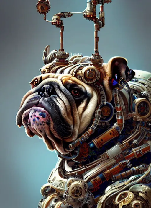 Prompt: portrait of a bulldog, robot steampunk, floral! horizon zero dawn machine, intricate, elegant, highly detailed, ray tracing, digital painting, artstation, concept art, smooth, sharp focus, illustration, art by artgerm and greg rutkowski and alphonse mucha, 8 k