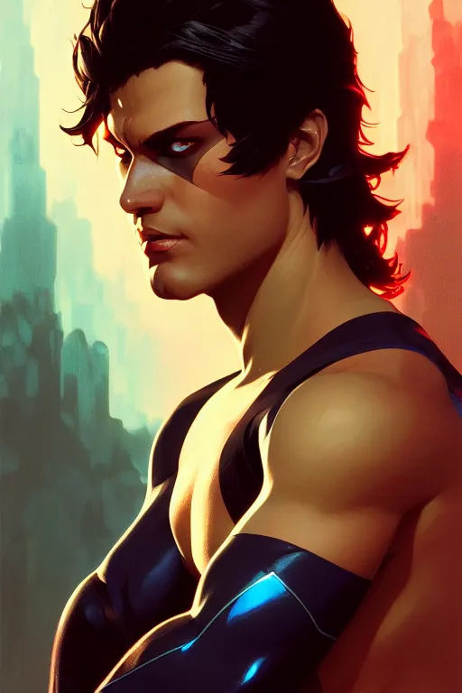 Image similar to a portrait of nightwing, fantasy, sharp focus, intricate, elegant, digital painting, artstation, matte, highly detailed, concept art, illustration, ambient lighting, art by ilya kuvshinov, artgerm, alphonse mucha, and greg rutkowski