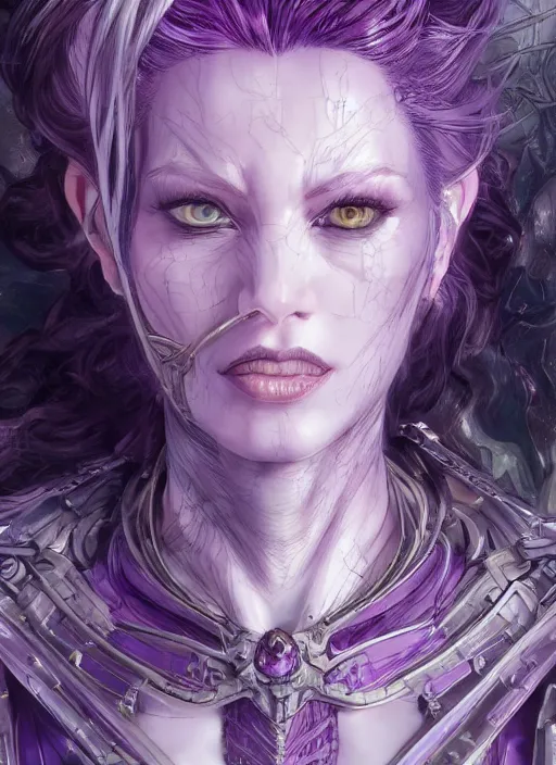 Image similar to close up portrait of a pale woman in amethyst bionic armor with purple hair, powerful, domineering, stoic, masterful, intense, ultrafine hyperdetailed illustration by kim jung gi, irakli nadar, intricate linework, sharp focus, octopath traveler, yoji shinkawa, highly rendered, detailed, concept art