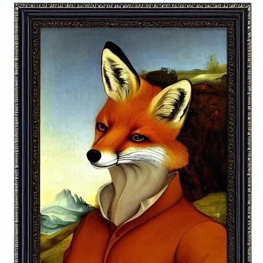 Prompt: the renaissance painting framed on a wall, except it is of an anthropomorphic male fox in a Victorian suit