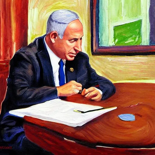 Image similar to benjamin netanyahu sir on table and talk on his phone. painting