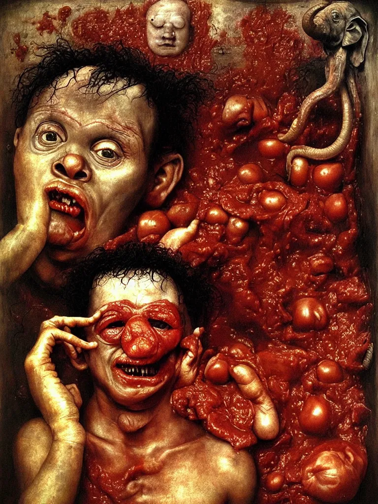 Prompt: a boy like eraserhead and elephant man sitting in a tub full of tomato sauce, looking straight into camera, screaming in desperation, zoomed out, master shot, by giuseppe arcimboldo and ambrosius benson, renaissance, fruit, intricate and intense oil paint, a touch of beksinski and hr giger and edward munch, realistic