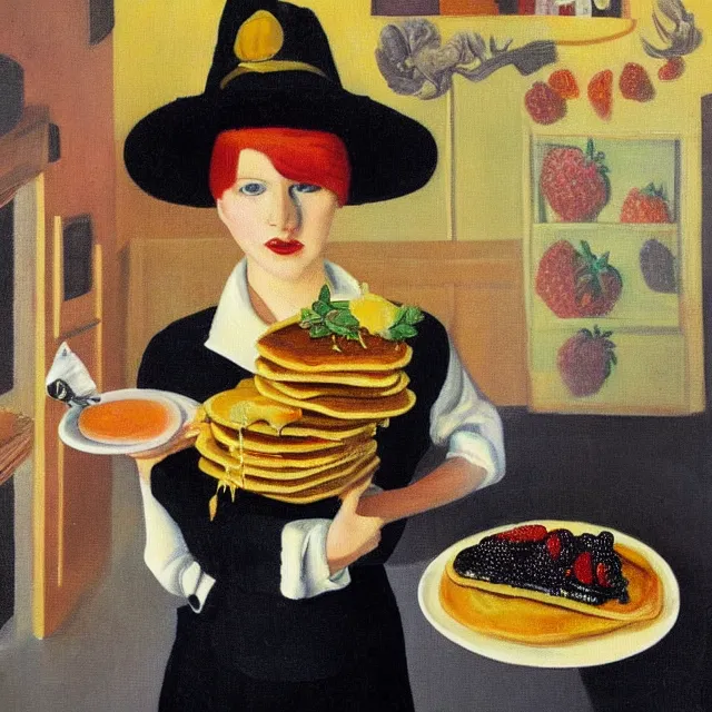 Prompt: tall emo female artist holding pancakes, in chippendale sydney, gold bars, maple syrup, snails, berries, pigs, octopus, witch's broomstick, acrylic on canvas, surrealist, by magritte and monet