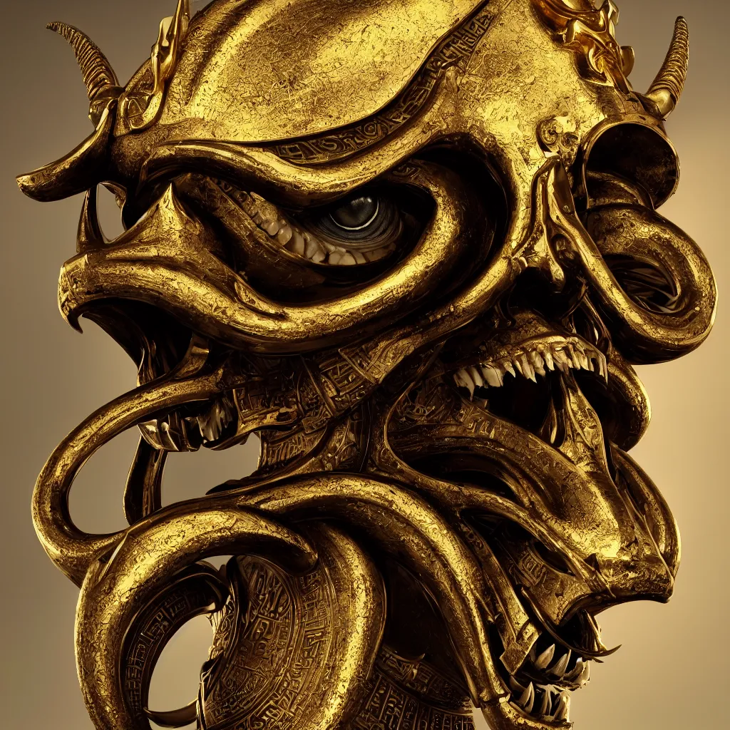 Image similar to Photorealistic epic egyptian god face portrait ram skull, jackal skull, gold. ominous, ancient magic, intricate artwork by Tooth Wu and beeple and Jake Baddeley. octane render, trending on artstation, greg rutkowski very coherent symmetrical artwork. cinematic, hyper realism, high detail, octane render, 8k