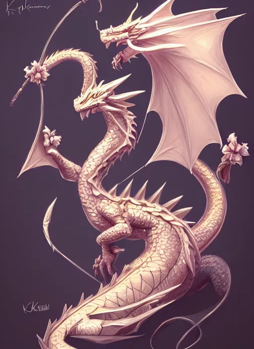 Prompt: cute small dragon, black, white, blue, pink and gold color scheme, flowers, cool, highly detailed, artgerm, cushart krenz, artstation, soft light, sharp focus, illustration, character design, concept art