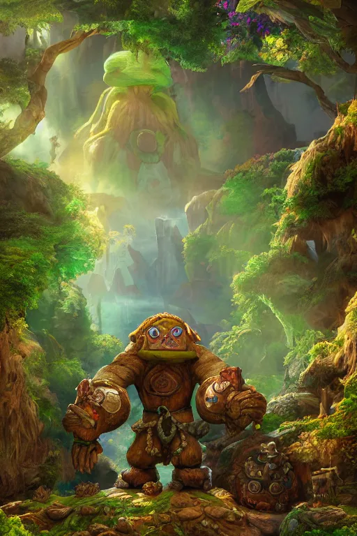 Image similar to zelda fantasy art giant golem troll wood rock greeble gemstone enchanted forest, global illumination ray tracing hdr fanart arstation by sung choi and eric pfeiffer and gabriel garza and casper konefal bastion forged hardmesh lisa frank zbrush central radiating a glowing aura global illumination ray tracing hdr