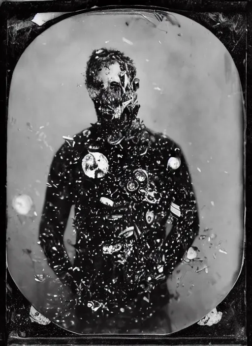 Image similar to old wetplate daguerreotype portrait wretched war by damian hirst, explosion of data fragments, fractal, intricate, elegant, highly detailed, parallax, leica, medium format, subsurface scattering, by marie harnett