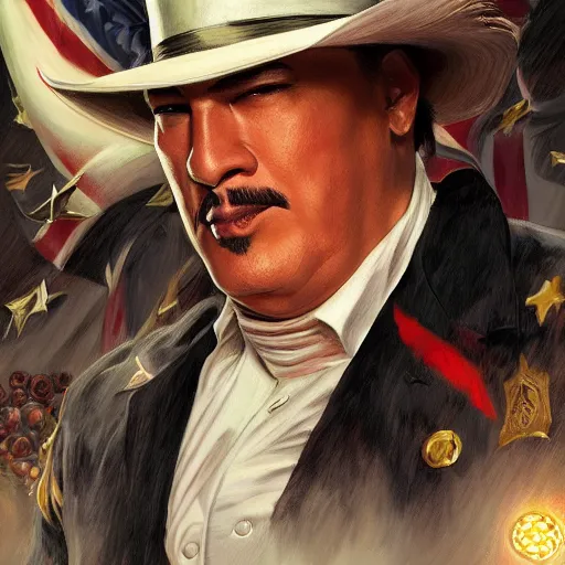 Image similar to portrait of uncle sam punching steven seagal, d & d, fantasy, intricate, elegant, highly detailed, digital painting, artstation, concept art, smooth, sharp focus, illustration, art by artgerm and greg rutkowski and alphonse mucha