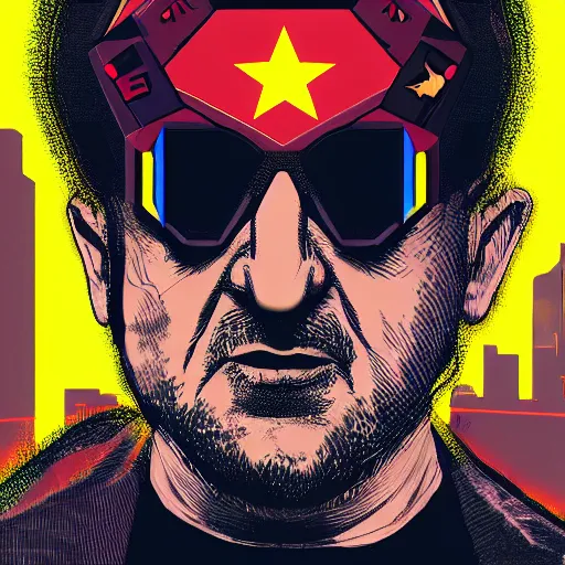 Image similar to cyberpunk salman rushdie as the leader of a futuristic communist nation, cybernetics, sharp lines, digital, artstation, colored in