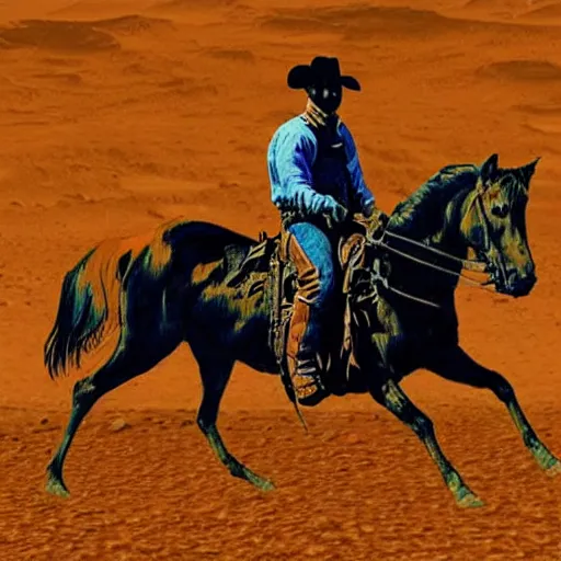 Prompt: A lone cowboy riding a horse on Mars in the style of Van Gogh