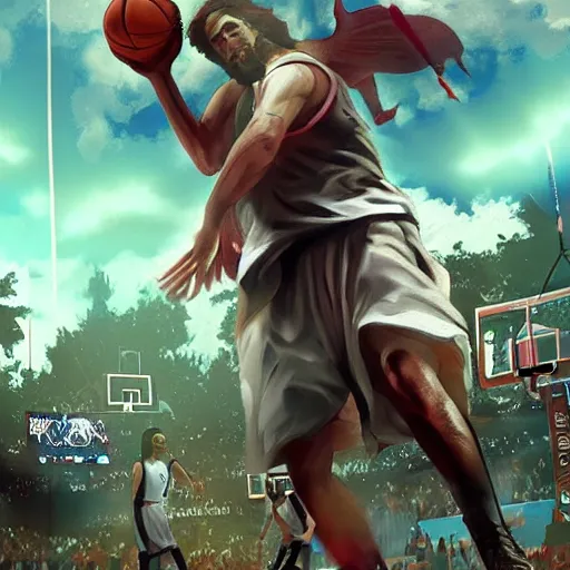 Image similar to Jesus Christ defeating the Devil in a basketball game artstation digital art epic