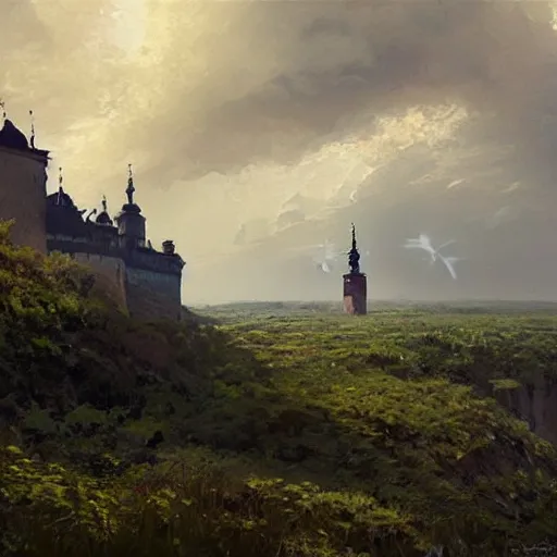 Prompt: greg rutkowski painting of an island flying in the air above a barren wasteland, on the island there is a cracow wawel castle and a lot of green vegetation, beautiful, detailed