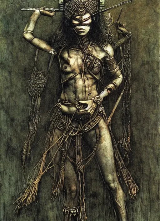 Prompt: warrior girl in tribal painting by Beksinski and Arthur Rackham