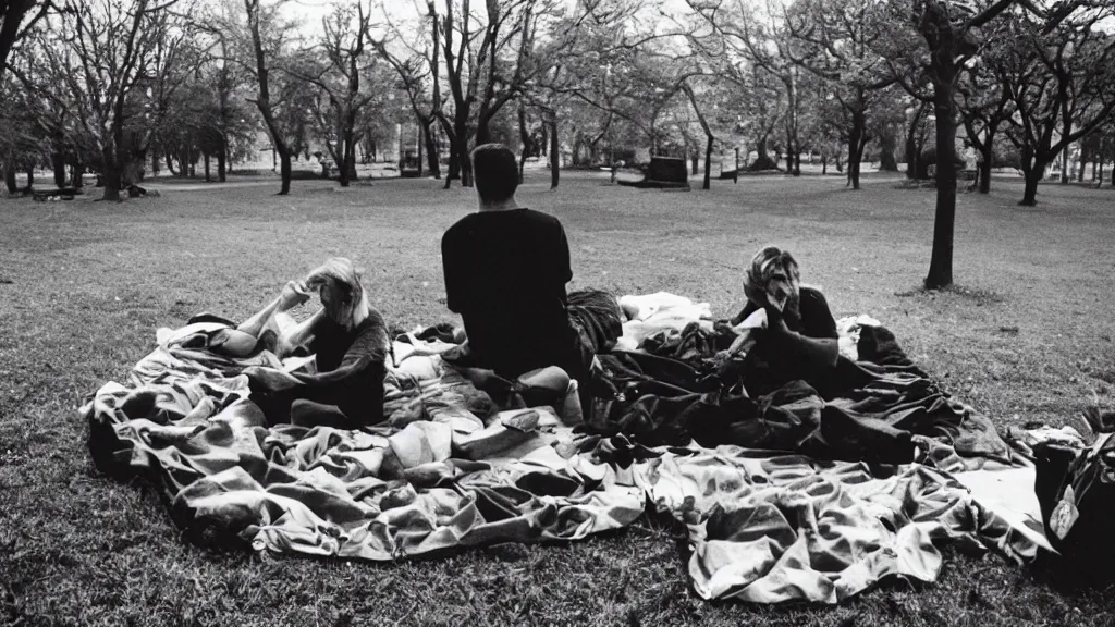 Prompt: climate change catastrophe, as seen by a couple having picnic in the park, 35mm