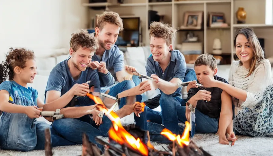 Prompt: happy family assembling fire missiles in their living room on a bright sunny day