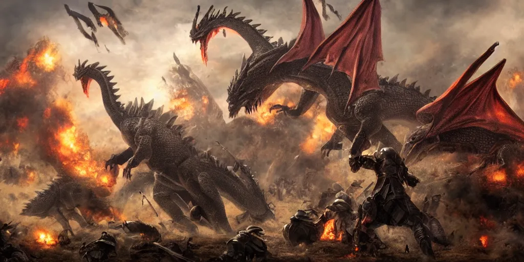 Prompt: big ancient dragon breathing fire onto medieval knights in a epic battle on the battlefield, high detail, high definition, photorealistic, 8k