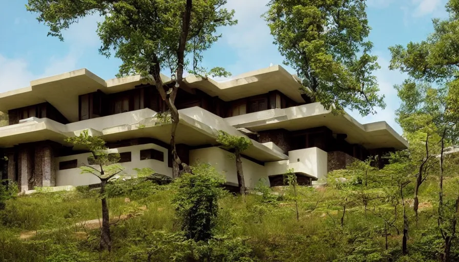 Image similar to modern villa, tibetan inspired architecture, on a green hill between trees, frank lloyd wright, photorealistic, cyberpunk