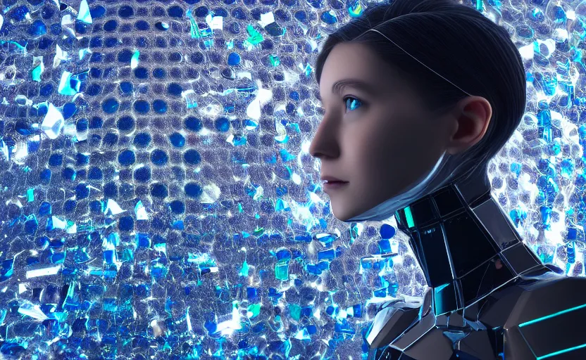 Image similar to young female agi in her 20s made out of low poly, kevlar, octa core, watercooled plates with crystal elements as a power source and an arctic-based, geometric backdrop; led, robotic, abstract, front profile shot, cycles render, 4k