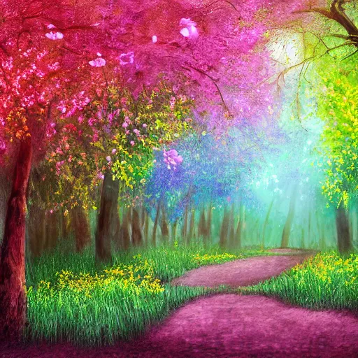 Image similar to A forest with beautiful flowers scatter across the field with large trees of all colors, digital art, detailed, trending on artstaion