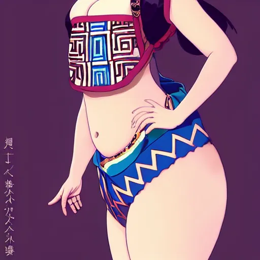 Image similar to a beautiful plus sized model japanese natalie portman, alluring plus sized model, wearing mayan leotard with elegant mayan apron, street fashion hip hop style with mayan patterns, aztec street fashion, gapmoe yandere grimdark, trending on pixiv fanbox, painted by greg rutkowski makoto shinkai takashi takeuchi studio ghibli, akihiko yoshida