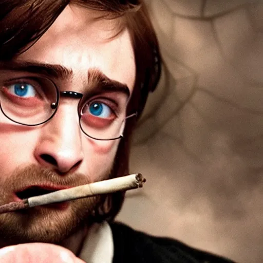 Image similar to daniel radcliffe as harry potter, smoking a fat blunt, accurate face, smoke cloud, photorealistic, cinematic lighting