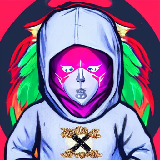 Image similar to baby Angel, baby cherub,wearing angel, face covered, Gucci, x logo, cross, Chanel, halo, ski mask, balaclava, face covered, wearing angel halo covered face, orange hoodie, hip hop, multiple golden necklaces, fantasy art apex fortnite Video game icon, 2d game art gta5 cover , official fanart behance hd artstation by Jesper Ejsing, by RHADS, Makoto Shinkai and Lois van baarle, ilya kuvshinov, rossdraws