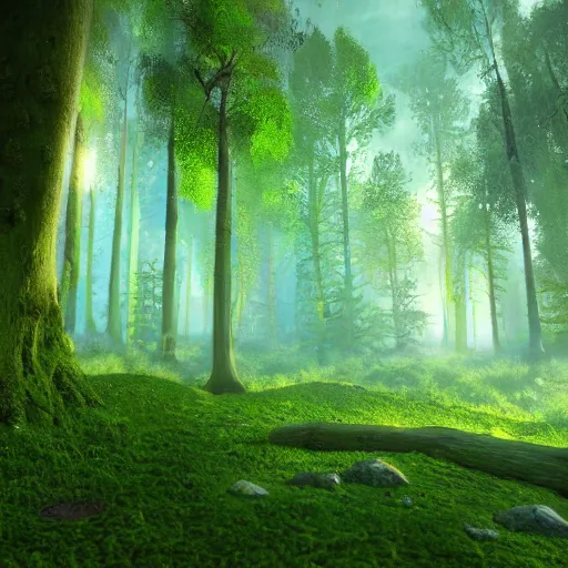 Image similar to fantasy forest, detailed painting, warm volumetric lighting, mossy logs