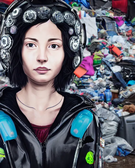 Prompt: detailed portrait guard girl with very short hair seen from the back, cyberpunk futuristic, reflective puffer jacket, black leggings, decorated with traditional ornaments in front of a dystopian crowd with piles of garbage perfect face, fine details, realistic shaded, fine - face, pretty face