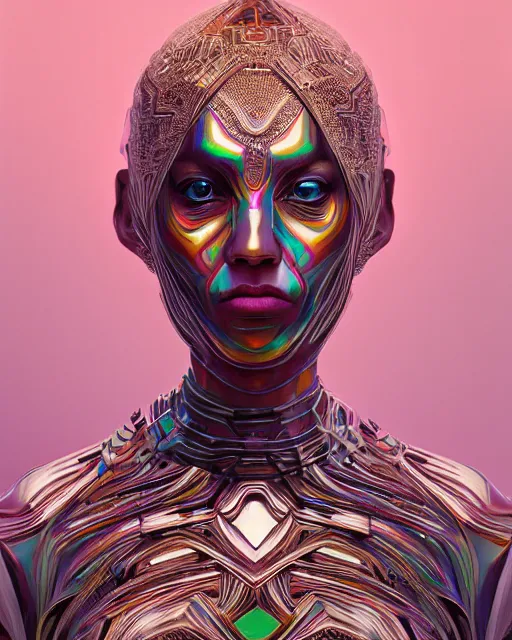 Image similar to highly detailed surreal vfx portrait of a metallic chromatic geometric tribal woman, behance, stephen bliss, unreal engine, greg rutkowski, loish, rhads, beeple, makoto shinkai and lois van baarle, ilya kuvshinov, rossdraws, tom bagshaw, alphonse mucha, global illumination, detailed and intricate environment