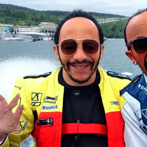 Image similar to character torrente and lewis hamilton on a boat