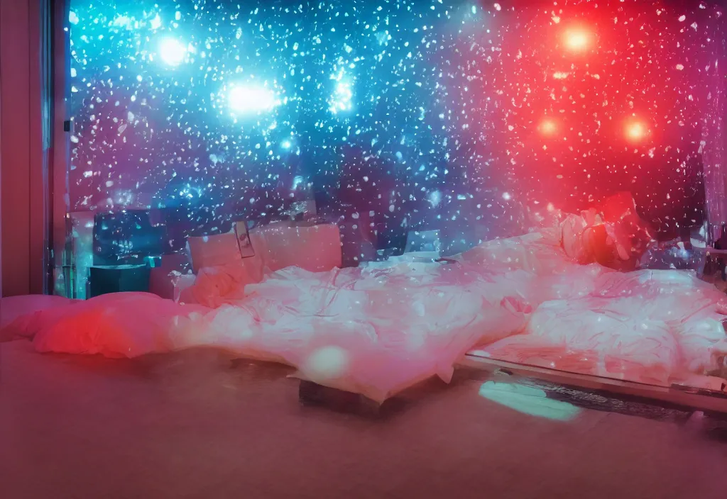 Image similar to 3 d floating people dream popping out of curved movie screen, volumetric lighting, bedroom, sleeping, pair of keycards on table, bokeh, big glowing fish, creterion collection, shot on 7 0 mm, instax