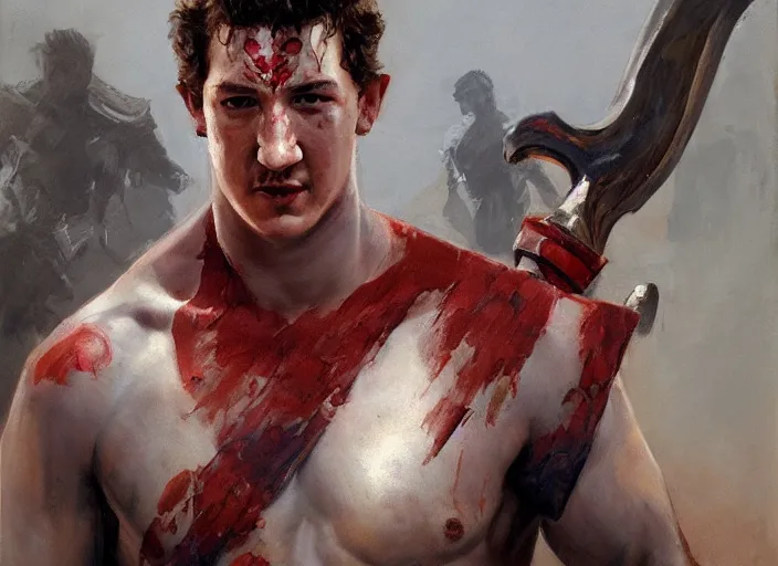 Image similar to a highly detailed beautiful portrait of miles teller as kratos, by gregory manchess, james gurney, james jean