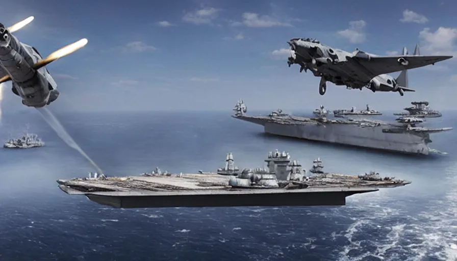 Image similar to big budget movie about a world war 2 spaceship battle using aircraft carriers